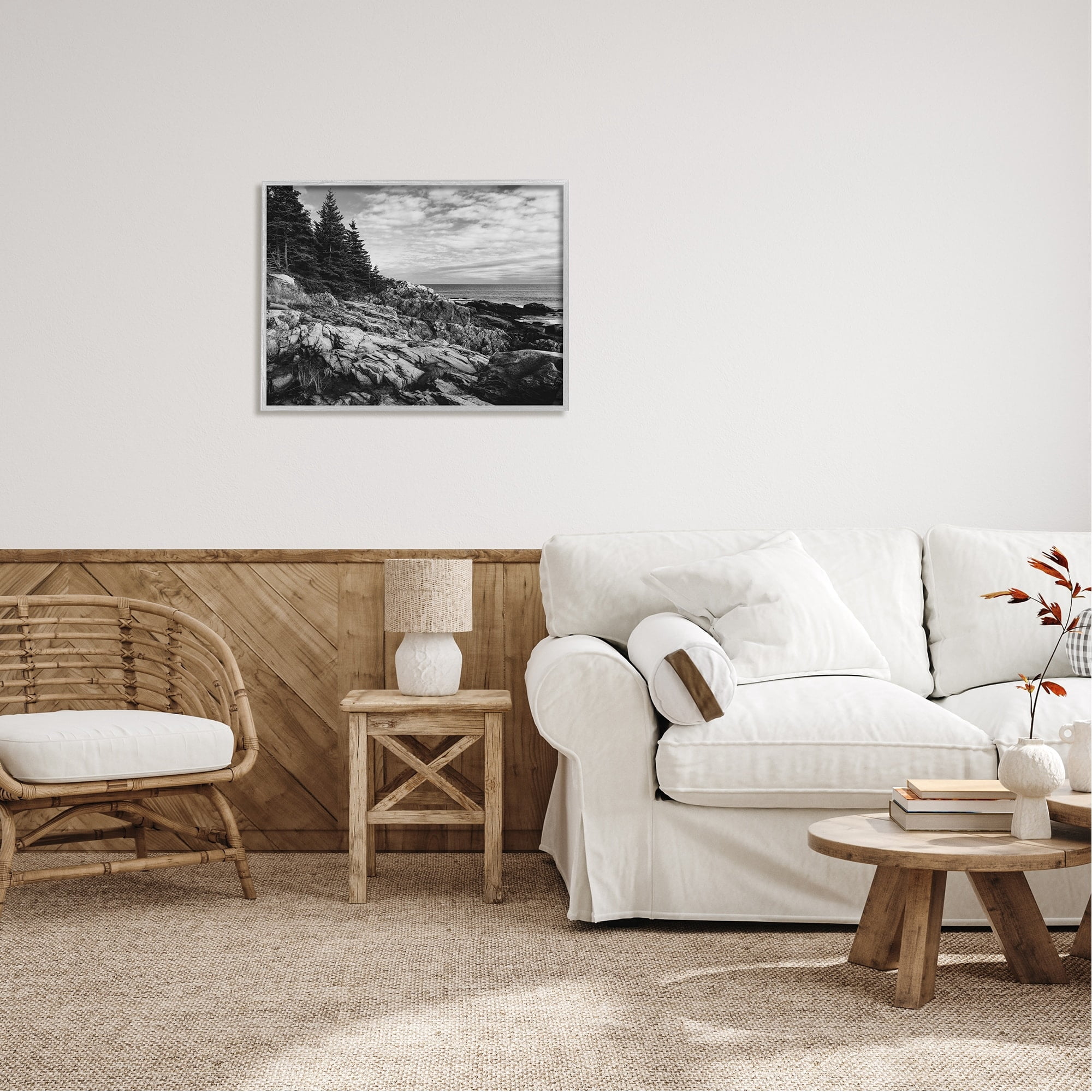 Stupell Industries Rocky Ocean Water Cloudy Coast Monochrome Nature Framed Wall Art, 30 x 24, Design by Daniel Sproul