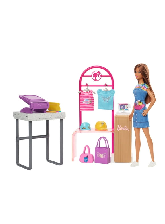 Barbie Make & Sell Boutique Playset with Brunette Doll, Foil Design Tools, Clothes & Accessories