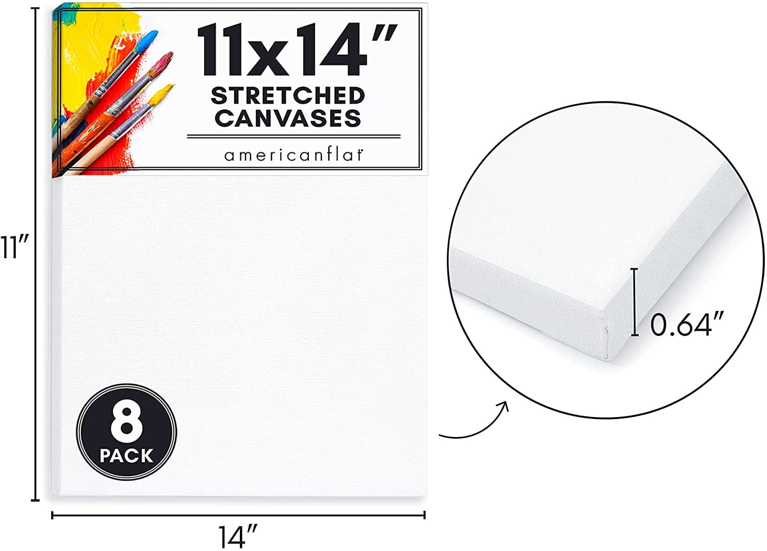 Americanflat 8 Piece 11x14 Pre Stretched Blank Canvas Boards with 0.64 Inch Thick Wooden Frame - 100% Cotton Canvas for Painting