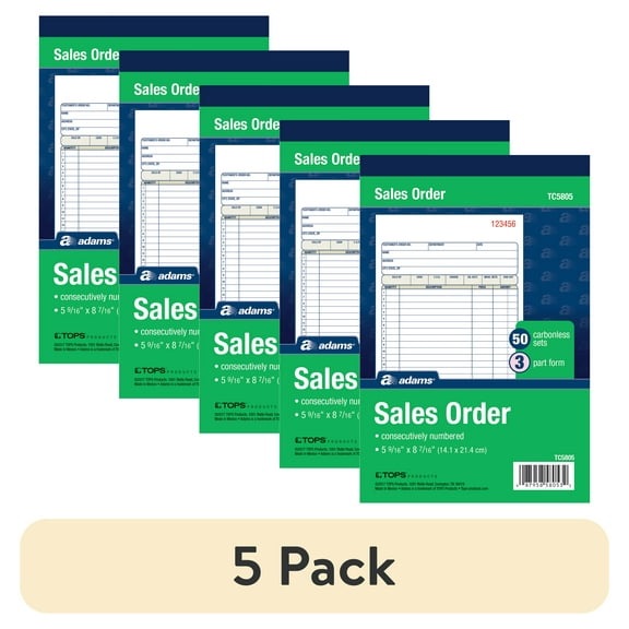 (5 pack) Adams 3-Part Carbonless Sales Order Record Book, 5-9/16 x 8-7/16 in, 50 Sets.