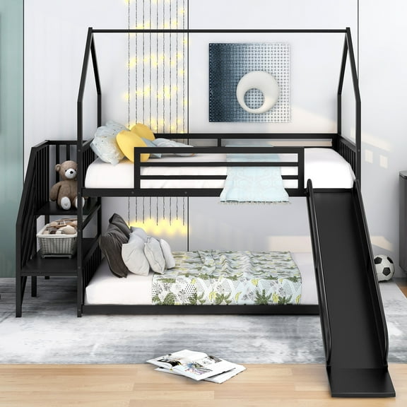 Euroco Metal Twin over Twin Bunk Bed with Slide, House Bed with Storage Staircase for Kids Teens