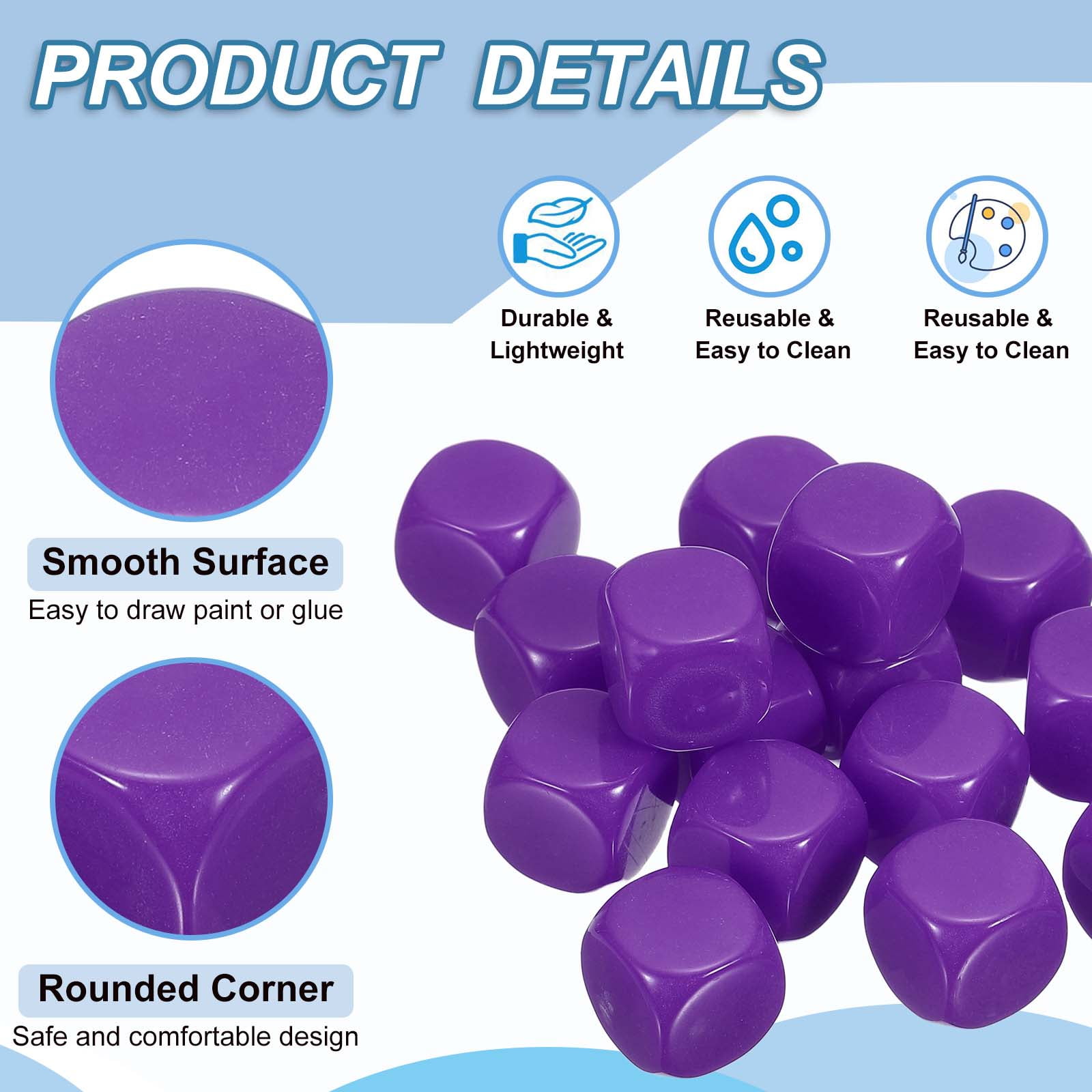 16 mm Acrylic Dice Blank, 100 Pcs Rounded Corner Blank Dice with Smoothed Surface Six Sided for Board, Purple