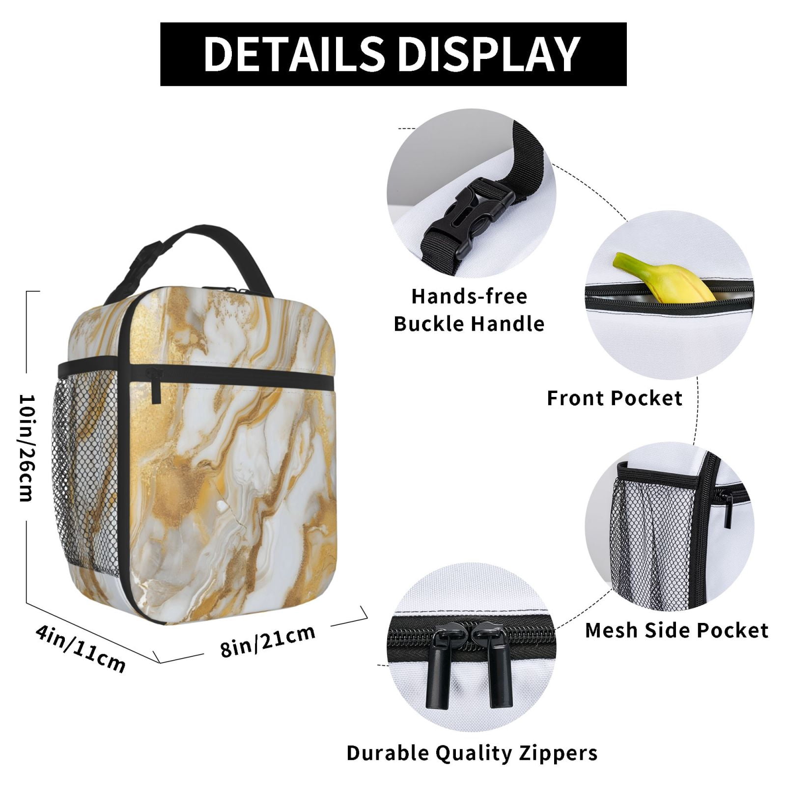 Lunch Bag For Women Men Insulated Portable Lunch Box Bento Box Office Picnic Travel Cooler Bag Gold Marble_2