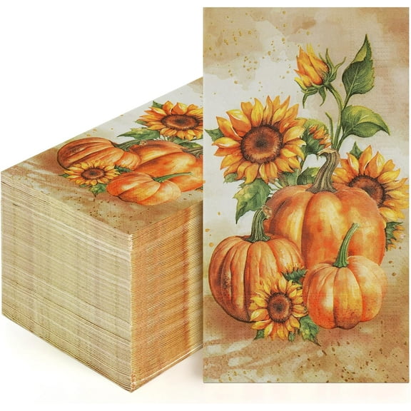 Caltero 100 PCS Thanksgiving Napkins 3-Ply Disposable Fall Paper Napkins for Thanksgiving Harvest Fall Party Pumpkin & Sunflower Paper Guest Towels For Bathroom Kitchen Home Decoration Vintage Design