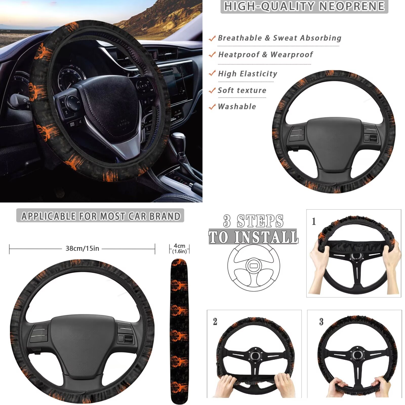 Garronmavis American Flag Camo Deer Car Seat Cover Full Set of 11pcs with Car Seat Headrest Cover+ Steering Wheel Cover+Auto Cup Pad+Handbrake and Gear Shift Knob Cover for Men Women
