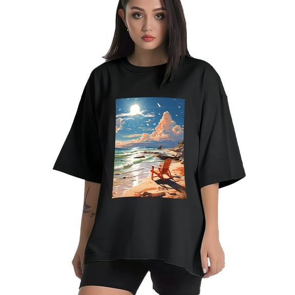 Plus Size Shirt for Women Black Tops for Women Short Sleeves Shirt for Women Seaside (33) T Shirt Crewneck Shirt for Women XS