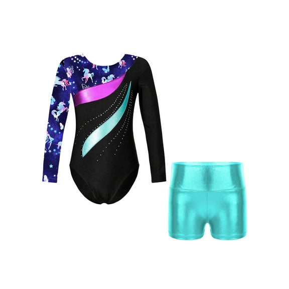 Sholeno Kids Girls Long Sleeve Dance Biketards with Shorts for Ballet Tumbling Gymnastics Dancewear Blue Green 12