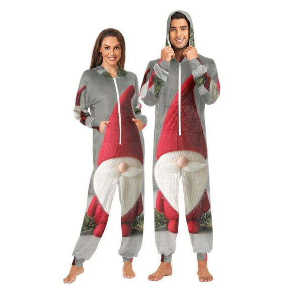 Christmas Gnome Leaves Adult Onesie Pajamas Slim Fit Christmas One Piece Suit Pjs for Women and Men Hooded Zipper