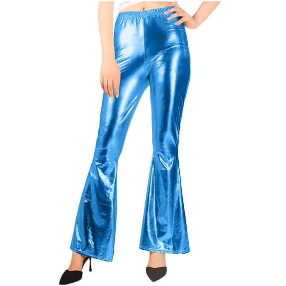 Mifsaly Metallic Flared Pants Women High Waist Stretchy Flare Pant Night Out Party Dance Elegant Clubwear L
