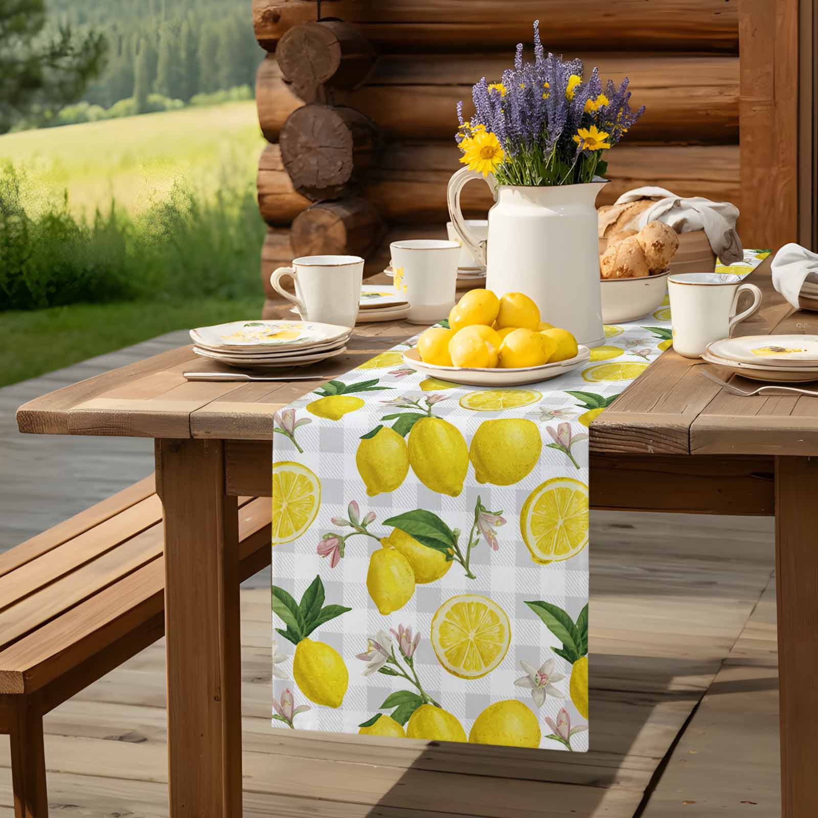 Summer Lemon Flower Leaves Table Runner 90 Inches Long, Grey White Plaid Lattice Table Runners Tabletop Scarf Kitchen Dining Tables Decoration for Home Party Indoor Outdoor