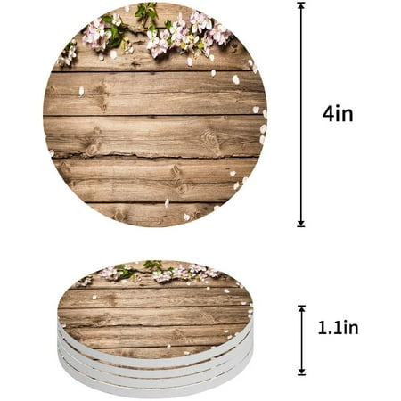 

KXMDXA Flower on Wooden Plank Set of 4 Round Coaster for Drinks Absorbent Ceramic Stone Coasters Cup Mat with Cork Base for Home Kitchen Room Coffee Table Bar Decor