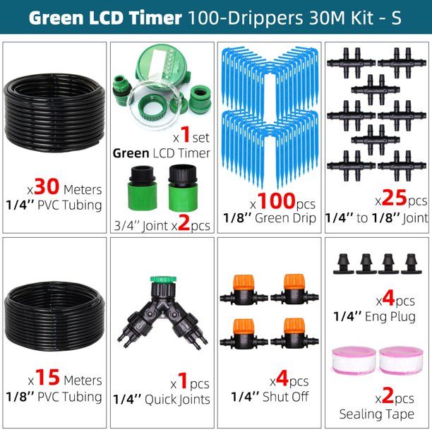 1Kit Greenhouse 3/5MM Hose Watering Irrigation Kit with Green Elbow Dripper Emitter Drip System Garden Bonsai Potted Plant He Qiyong unisex