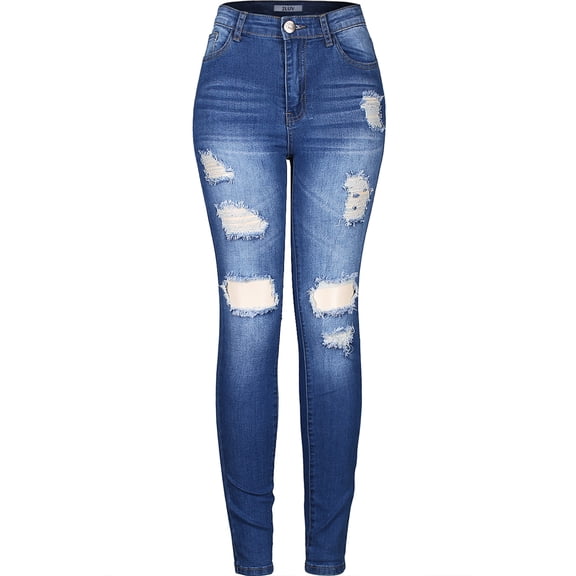 2Luver, Women's, Stretchy 5 Pocket High Waisted Destroyed Demin Skinny Jeans, Denim Medium, 1