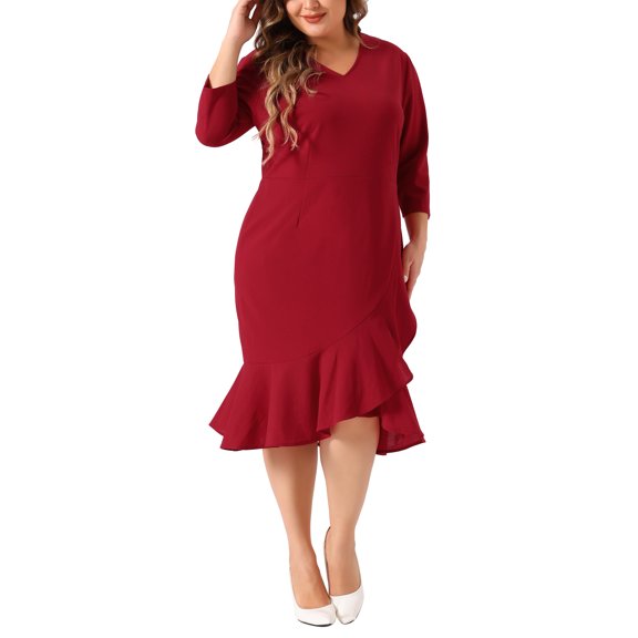 GRACE & GRANDEUR Women's Plus Size Valentines Day Bodycon V-Neck 3/4 Sleeve Slim Ruffle Hem Wrap Dresses 3X Red