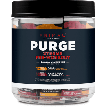 Primal Purge Xtreme Pre-Workout Variety Pack, Pineapple Orange Guava + Raspberry Lemonade Flavored (20 Stickpacks) - 300mg Caffeine Per Serving