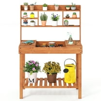 Gymax 61'' Wooden Potting Bench Table w/3-Tier Open Shelf Flip-up Tabletop for Backyard