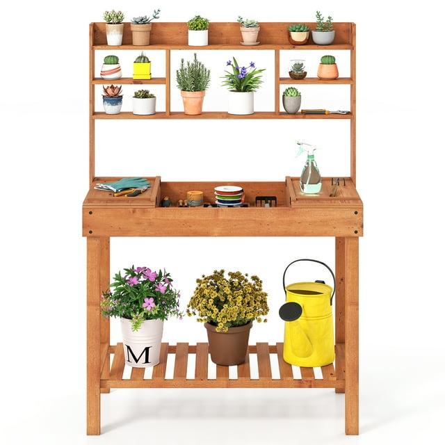 Gymax 61'' Wooden Potting Bench Table w/3-Tier Open Shelf Flip-up Tabletop for Backyard