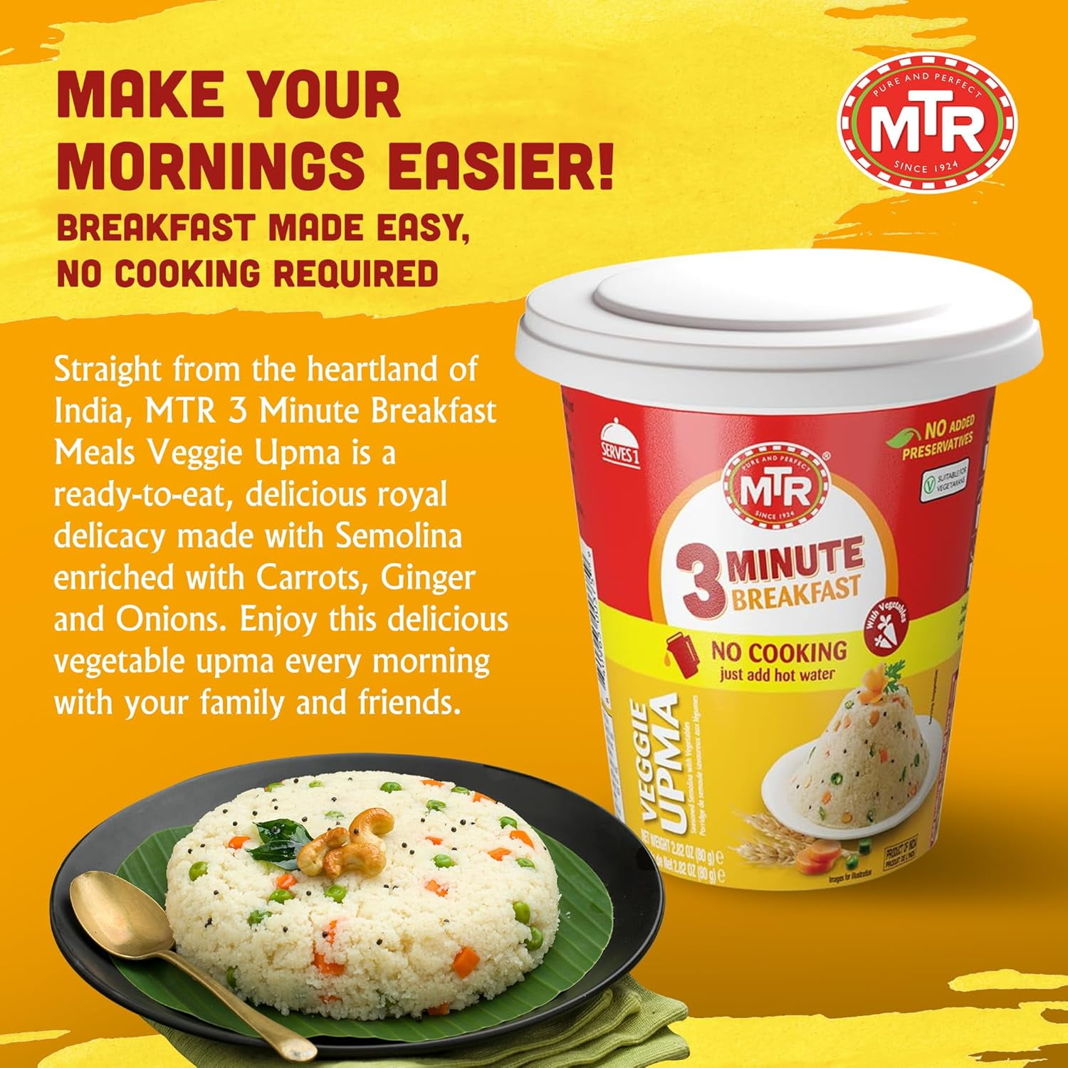 MTR 3 Minute Veggie Poha (80g, Pack of 2) – Instant Indian Snack, No Preservatives, Ready in 3 Mins, Just Add Water, Perfect Vegetarian On-the-Go Cup