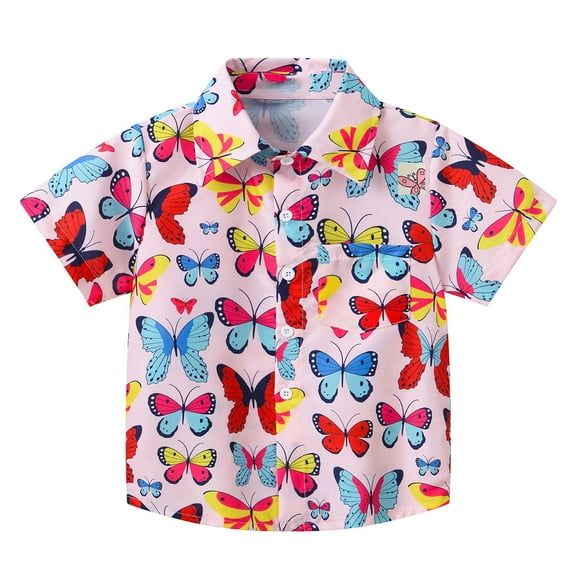 Huesdet Toddler Boy Short Sleeve Cotton Button Up Shirt - Casual and Formal Wear for Weddings and Special Events(Pink,6-12 Months)