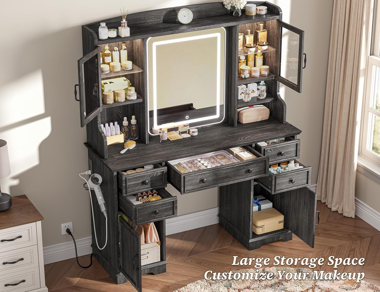 Romorgniz Black Vanity Desk with LED Lighted Mirror Makeup Vanity Table with 5 Drawers and 6 Storage Shelves for Bedroom and Dressing Room