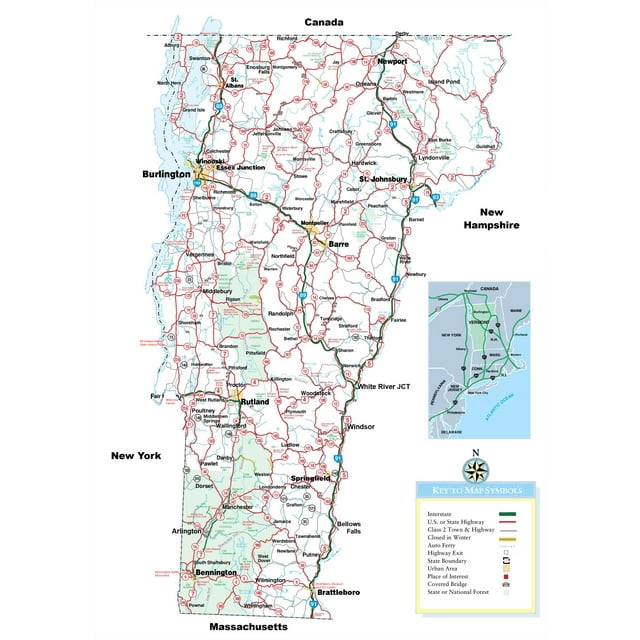 24x33in Large Detailed Tourist Map of Vermont with cities and towns ...