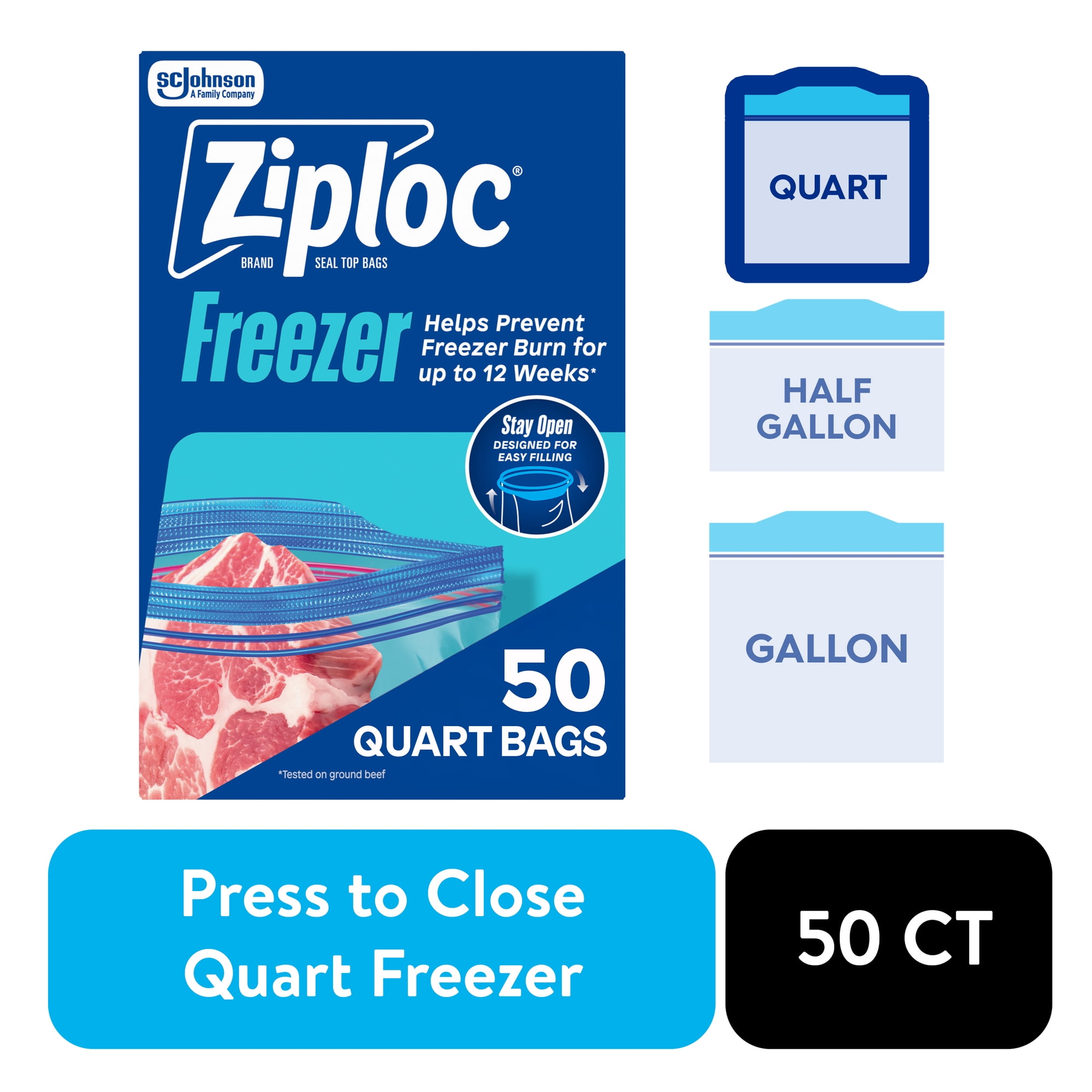 Ziploc Brand Freezer Food Storage Bags, School Supplies, with Grip 'n Seal Technology, Zipper, Quart, 50 Count