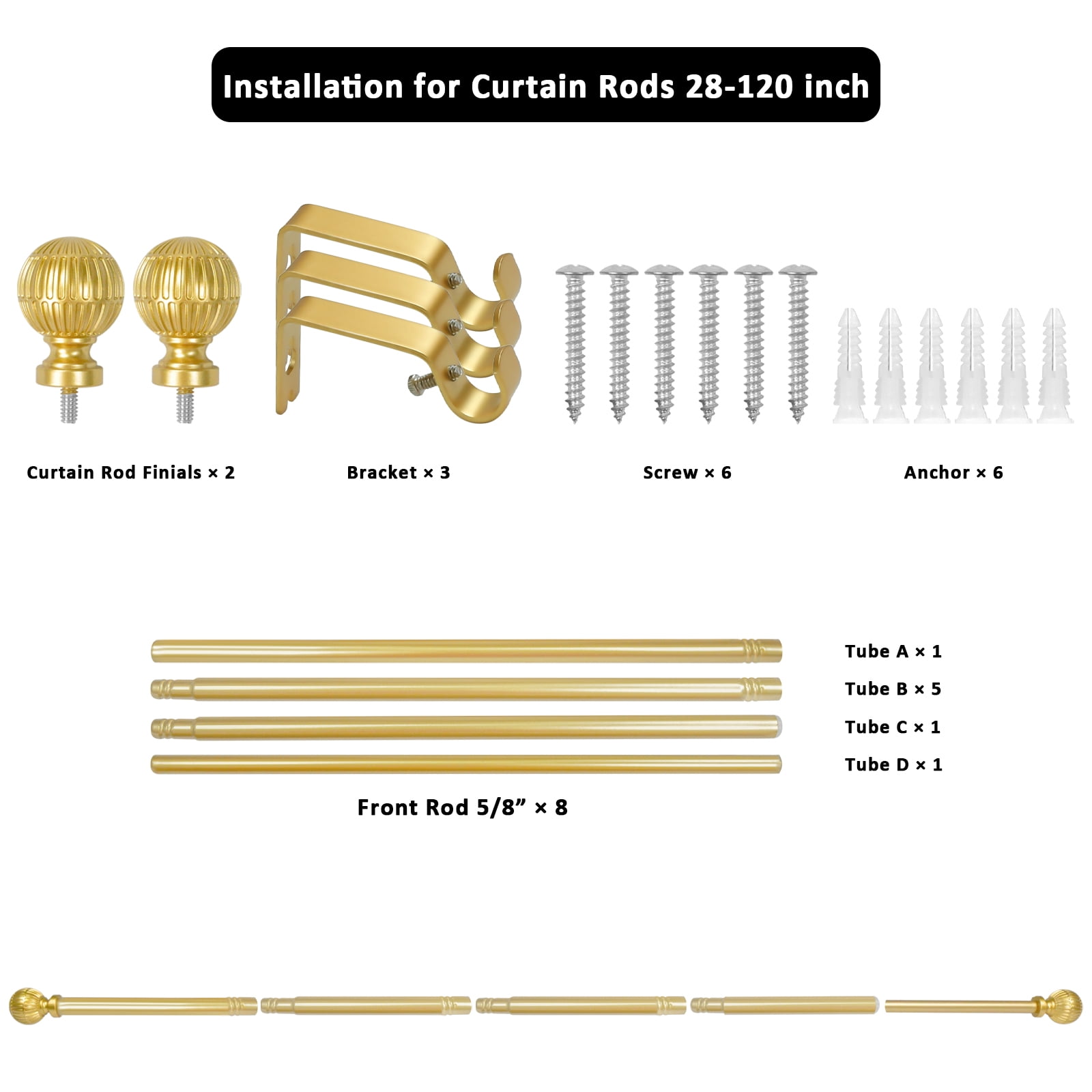 Urbanest 5/8" Single Telescoping Curtain Rod with Volle Finials, Gold, 28"-120"
