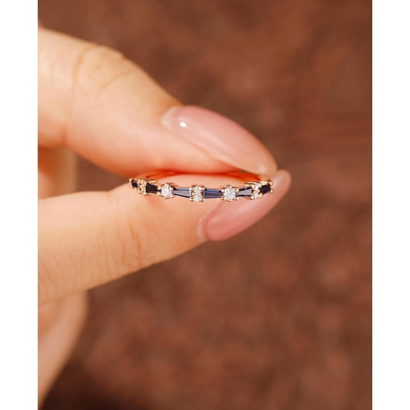 Silver & Stone Jewels Rose Gold Plated Baguette Blue CZ Band – Dainty Stacking Ring for Women, Modern Minimalist Anniversary Gift