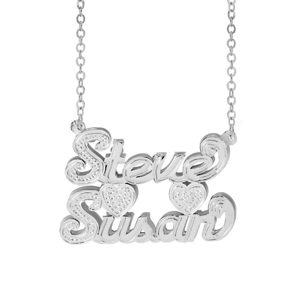 Personalized Two-Name Necklace with Hearts. Beading and Rhodium on First Initial and Hearts