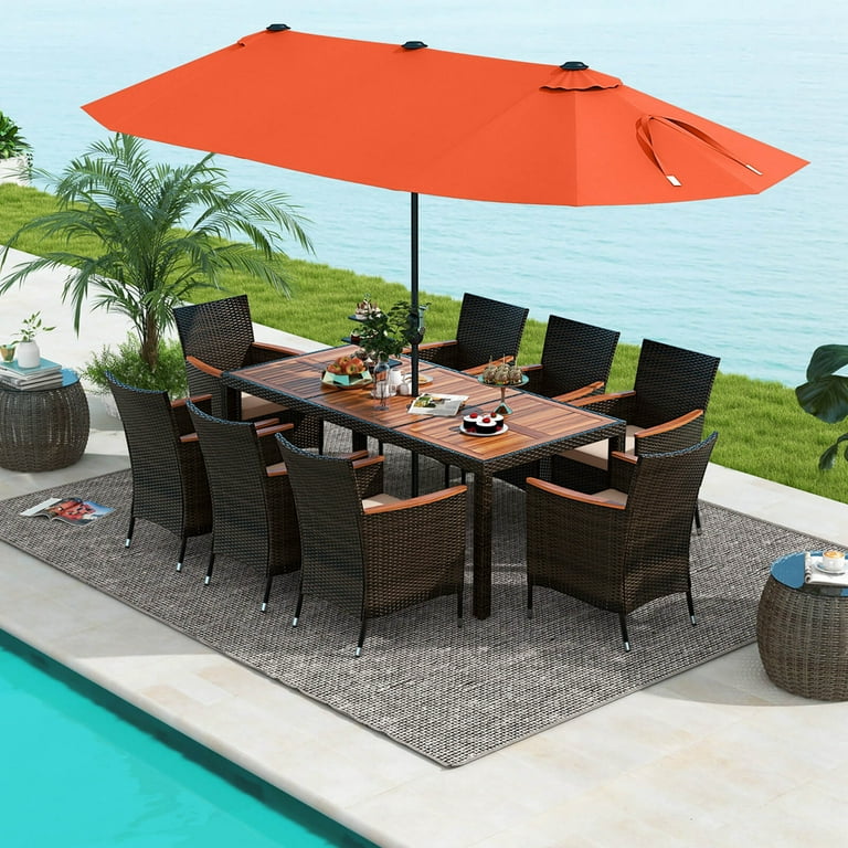 Costway 11 PCS Patio Wicker Dining Set with Double Sided Outdoor Umbrella 8 Stackable Chairs Orange Walmart