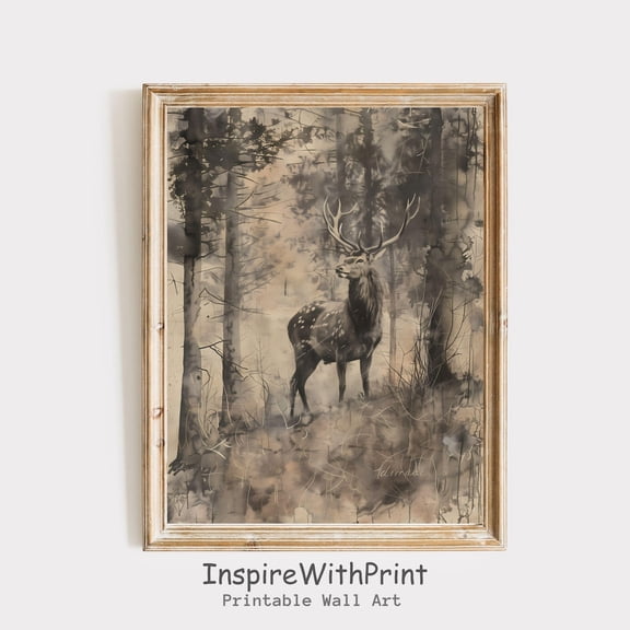 Vintage Deers Print, Fall Farmhouse Print, Deer Sketch Drawing, Neutral Fall Winter Art, Moody Autumn Printable Rustic Fall Cabin Wall Decor, Size 8x12 UNFFRAMED