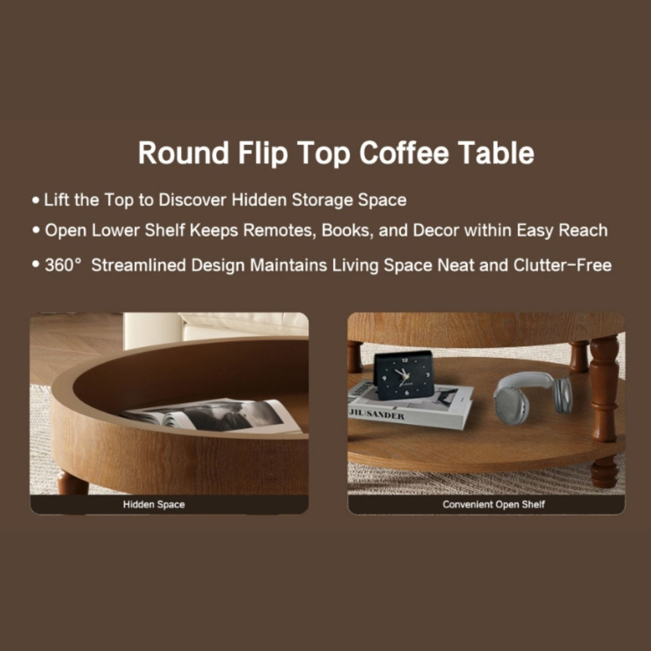 Noble House Coffee Table with Dual Storage for Living Room, 31.5" Modern Round Coffee Table with Storage and Hidden Compartment, Adjustable Leveling Feet, Walnut Brown
