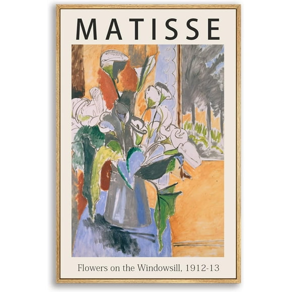 TRAHOO-Framed Canvas Print Wall Art Flowers on the Windowsill, 1912 by Henri Matisse Historic Cultural Illustrations Fine Art Chic Scenic Colorful for Living Room, Bedroom, Office 12"x16" Natural