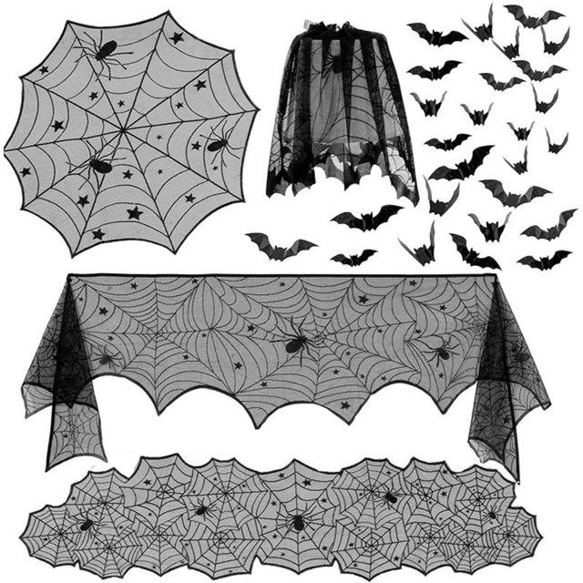 Halloween Decoration Lace Spider Web Skeleton Skull Tablecloth Black Fireplace Mantel Scarf Event Party Decoration Supplies 2023D He Qiyong unisex