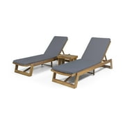 GDF Studio Karyme Outdoor Acacia Wood 3 Piece Adjustable Chaise Lounge Chat Set with Cushions, Teak and Dark Gray