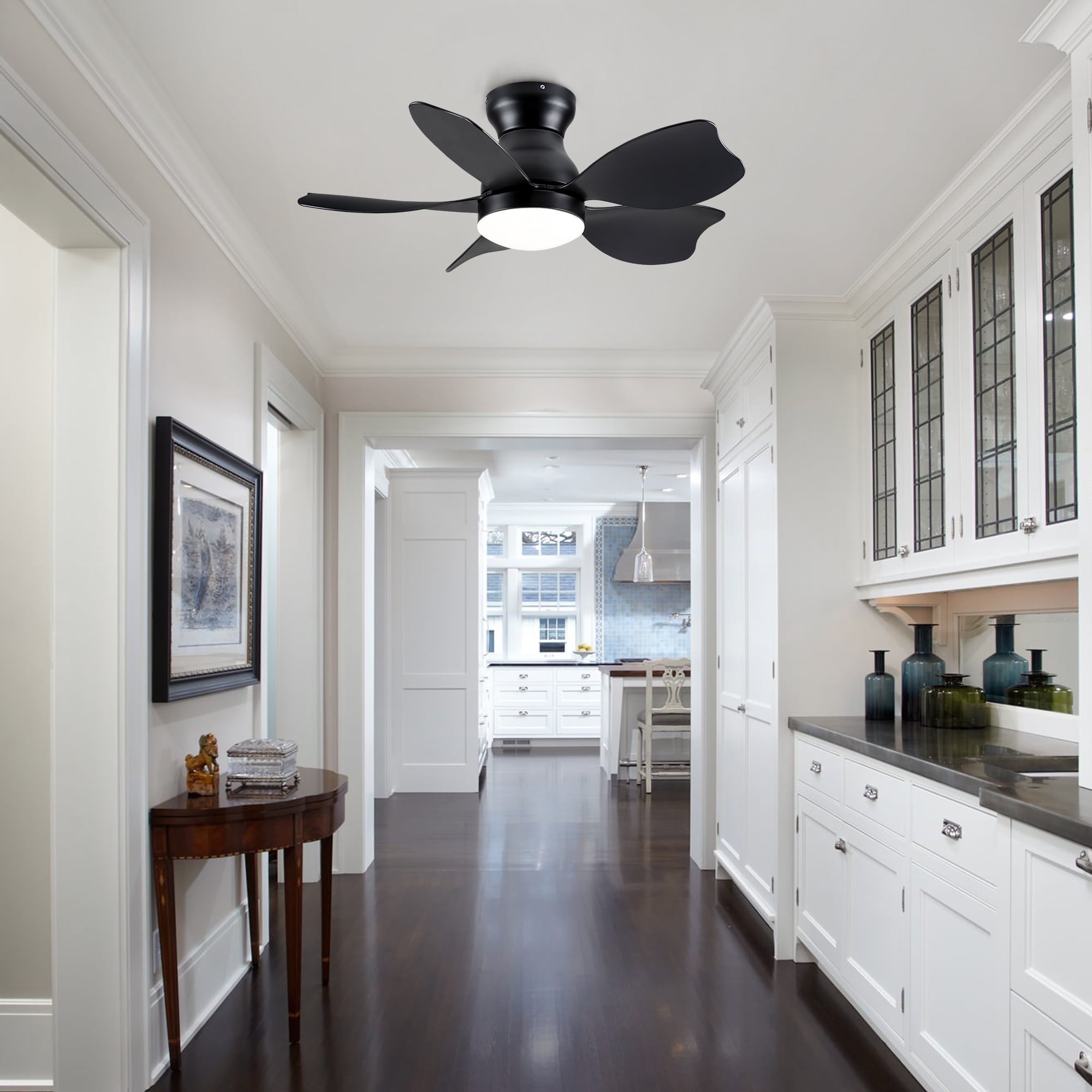 30 inch Flush Mount Ceiling Fan with Light, Modern Black DC Motor Remote Control