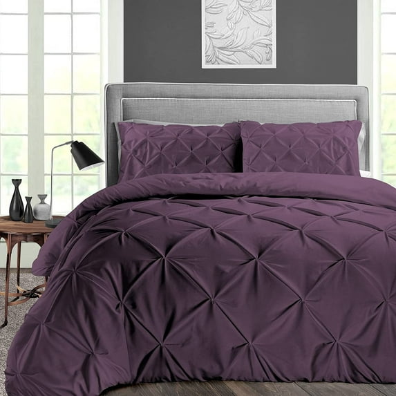 Duvet Cover 3 Piece Egyptian Cotton Cozy & Breathable 600 Thread Count Pinch Duvet Covers with Zipper Closure & Corner Ties Soft Pintuck Comforter Cover (Super King Plus, Plum )