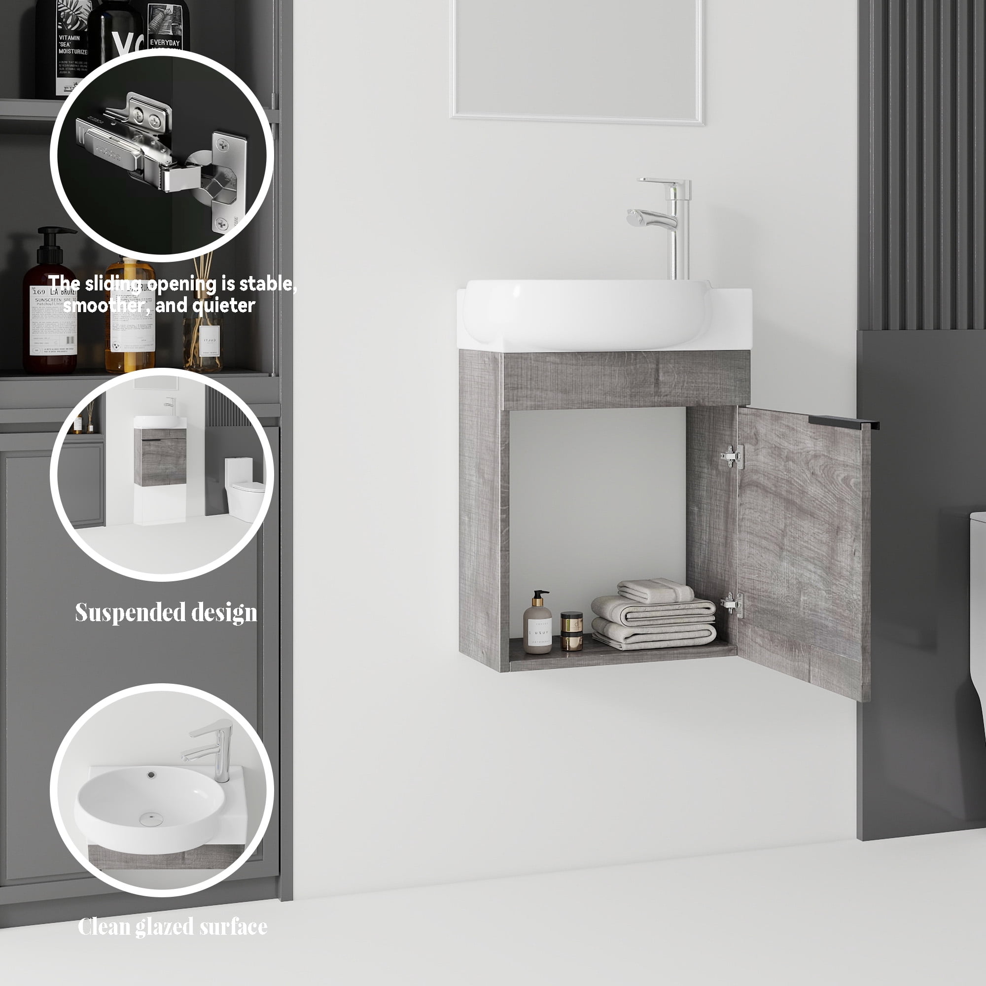 Leumius 16" Wall-Mount Bathroom Vanity Cabinet with with Ceramic Sink & Soft‑Close Doors for Small Space,Bathrooms,Grey