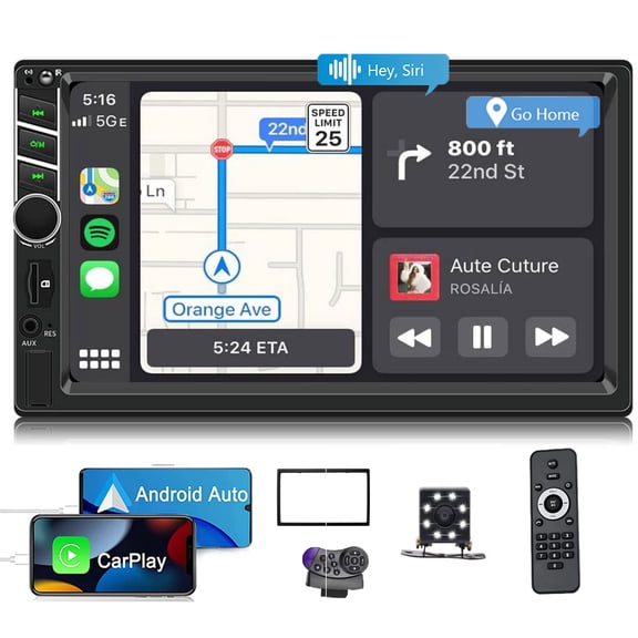 Double Din Car Stereo with Apple Carplay and Android Auto 7 Inch LCD Touch Screen Radio Bluetooth 2 Din MP5 Multimedia Player FM/AM Receiver 8LED Backup Camera Support Mirror Link SWC USB AUX-in