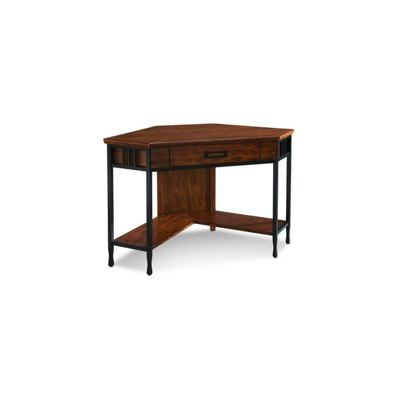 HomeStock Artisanal Attic Corner Writing/Computer Desk with Drawer and Shelf, Ironcraft Design, Mission Oak , 48.5" L x 24.5" W x 30" H, Black