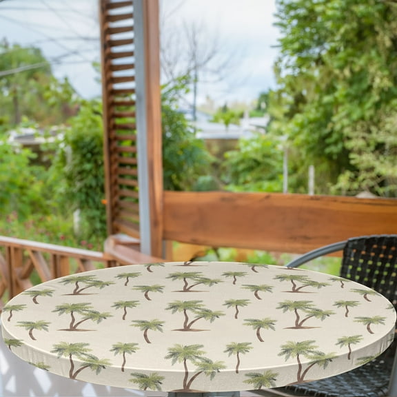 Ambesonne Hawaii Fitted Round Tablecloth, Simplistic Palms Pattern, 36"- 40" Diameter, Cream Cocoa and Khaki