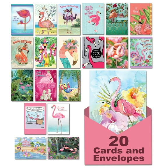 Leanin' Tree In the Pink! Fun & Fabulous Flamingos, Greeting Cards Assortment Box, Birthday Cards for Women, All Occasion Cards Assortment Box with Envelopes, (20 Funny Cards, 22 Colorful Envelopes)