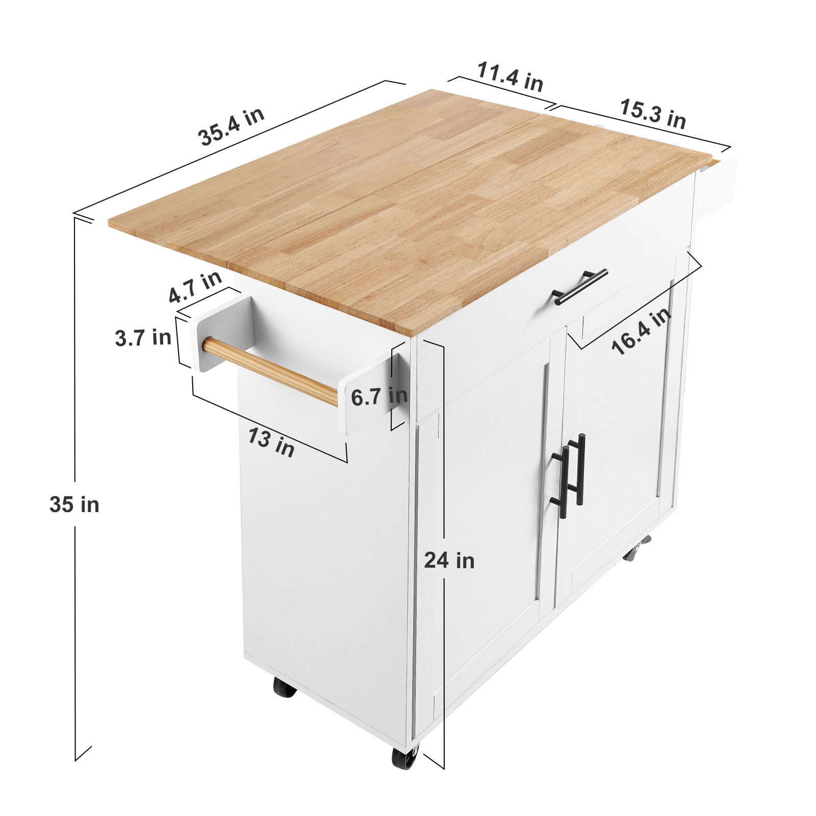 KFFKFF Kitchen Island, Mobile Kitchen Cart with Sturdy Wood Surface, 35.4" Broad, Equipped with Storage Compartment, Movable Kitchen Table with Spice Holder, Towel Holder, Drop Leaf and Drawer