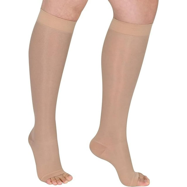 LNGOOR Open Toe Sheer Compression Stockings for Women 15-20 mmHg Knee High Circulation Support Stockings Graduated Medical Compression Socks for Travel Flight
