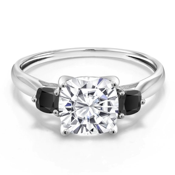 Gem Stone King 10K White Gold White Moissanite and Black Onyx 3 Stone Engagement Ring for Women (1.96 Cttw, Cushion 7MM, Gemstone Birthstone, Size 6)