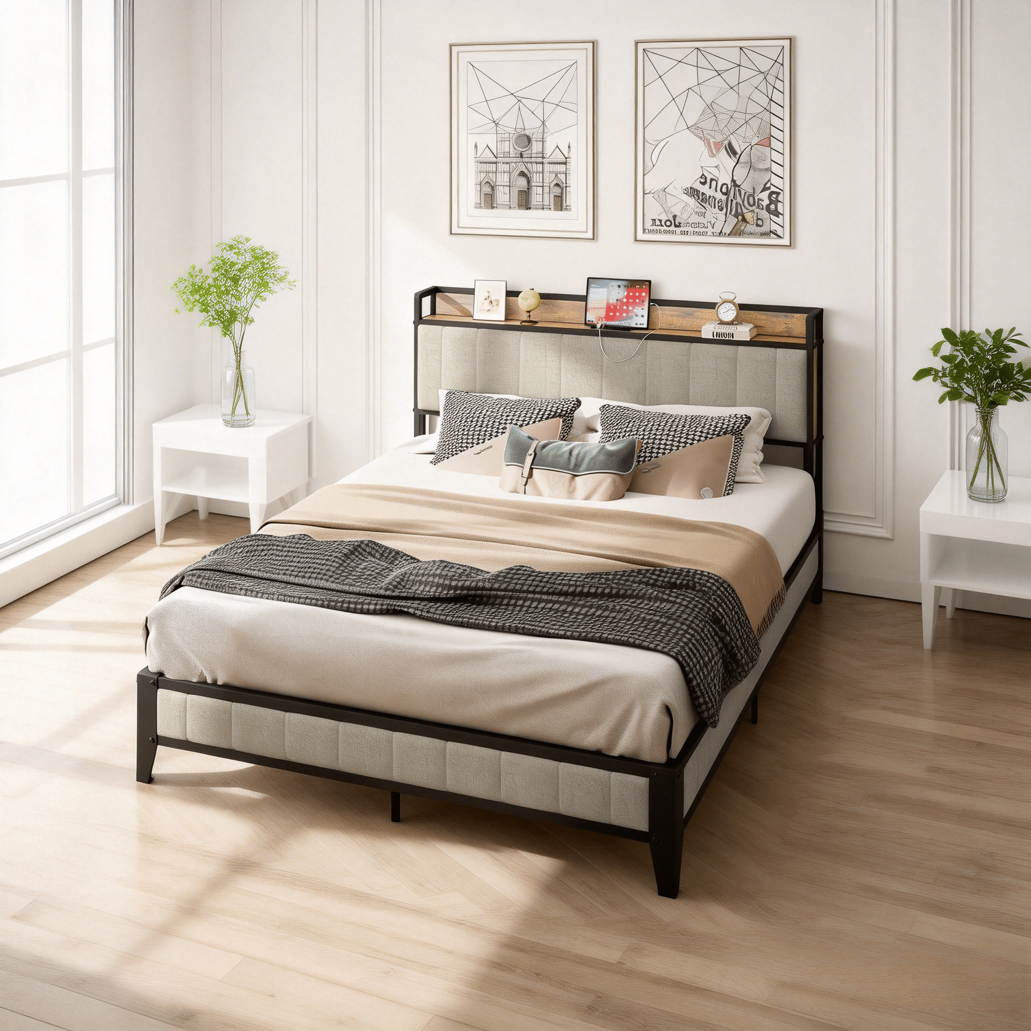 King Size Bed Frame with Upholstered Headboard and USB Charging Station, Heavy Duty Metal Platform, Grey