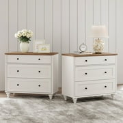 WAMPAT Farmhouse Nightstand with 3 Drawers, Set of 2 Large 3 Drawers Wood Bedside Table Night Stand, Wide Sofa Side End Table Chest of Dresser for Living Room, Bedroom, White, 34 inch