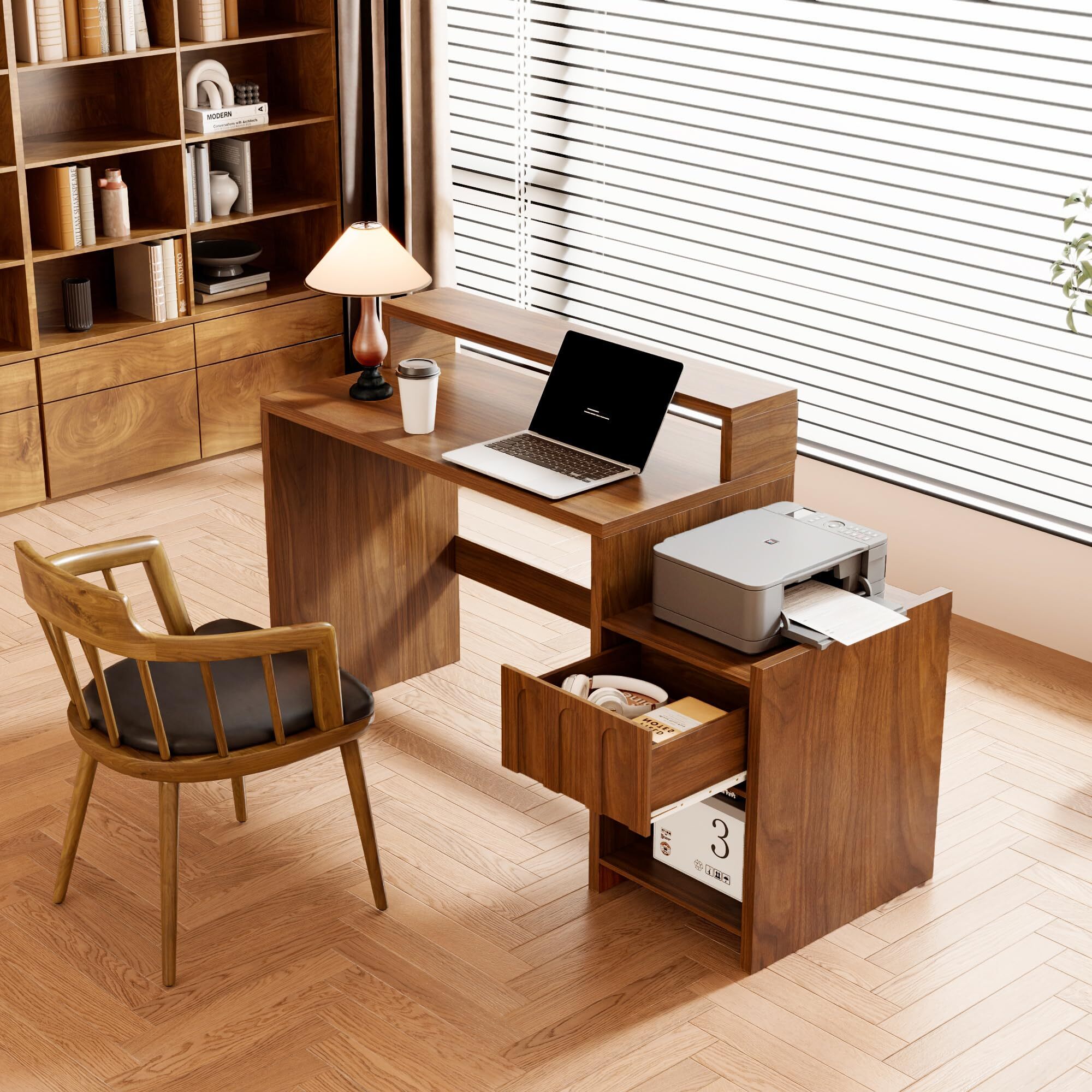60 Inch Executive Desk with Drawer, Farmhouse Walnut Home Office Computer Desk with Printer Shelf, Monitor Stand & Charging Station