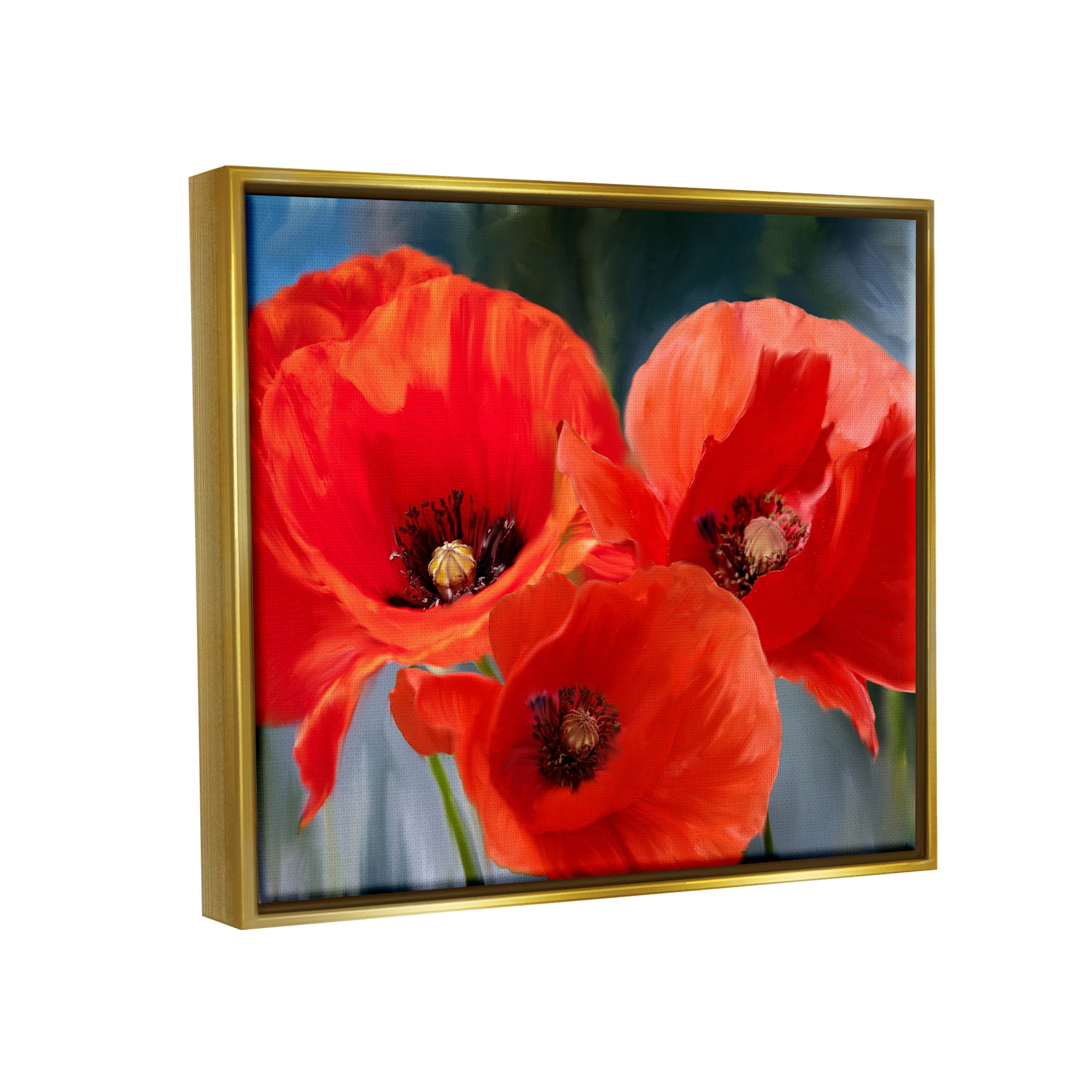Bold Red Poppy Flower Trio Botanical & Floral Painting Metallic Gold Framed Art Print Wall Art