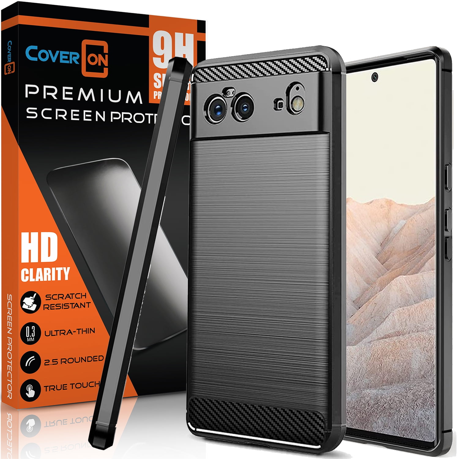 CoverON for Google Pixel 6 Phone Case and Screen Protector Tempered Glass, Flexible Slim Lightweight TPU Minimal Cover Carbon Fiber, Black